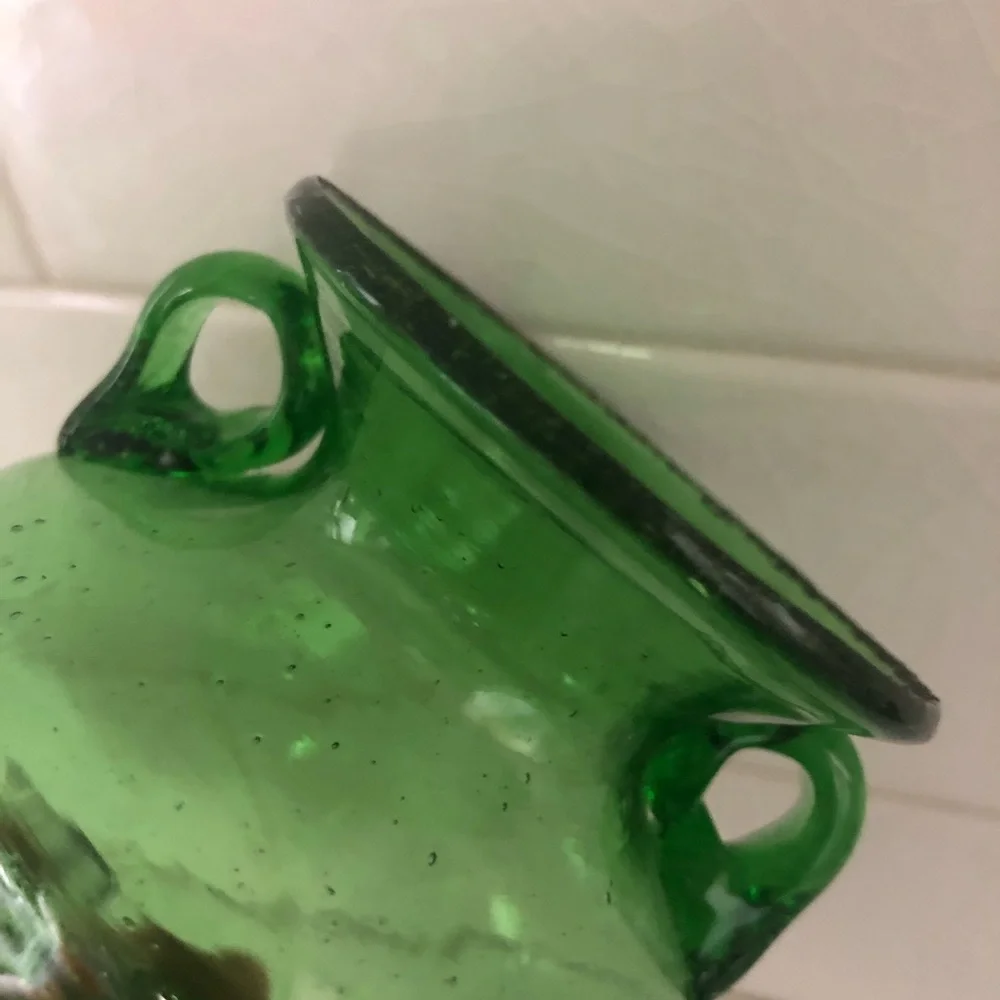 Hand Blown Green Two Handle Glass Vase - Made in Egypt